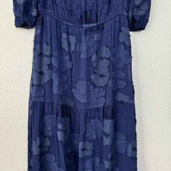 Shoshanna midnight navy blue floral embossed off shoulder maxi dress Prom 4 - Picture 11 of 15